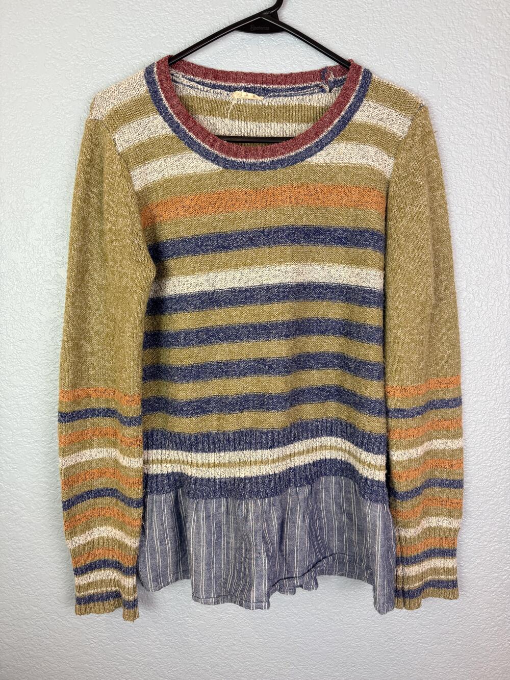 Hem & Thread Sweater Womens Medium Multicolor Stripe Ruffle Hem Boho Pullover